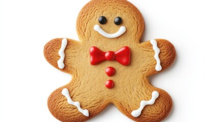 Gingerbread man cookie with icing bow tie and cheerful expression, isolated on a clean white background