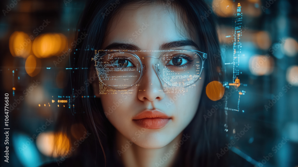 Poster female software developer with glasses, focused on coding and technology