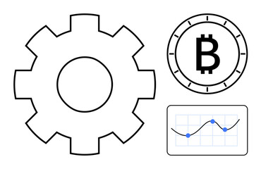 Gear symbol beside Bitcoin logo and line graph with data points. Ideal for technology, cryptocurrency, fintech, blockchain, data analysis, innovation, and engineering themes. Line metaphor