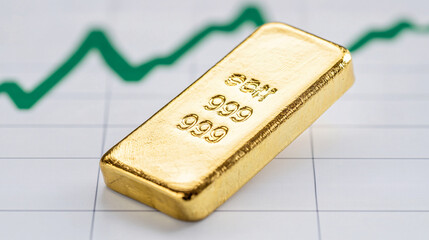 A high-resolution close-up of a gold bar with finely detailed edges, placed on a smooth surface. In the background, a green line graph shows a steep upward climb, symbolizing rising market prices.