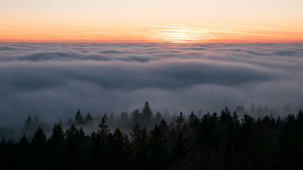 Sunset in the Teplice-Adršpašské rocks. The sun is low on the horizon and the inverted clouds...