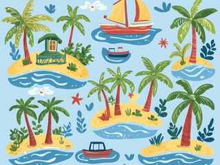 Fototapeta premium Vibrant flat art of tropical islands with boats palm trees and serene beaches for relaxation and travel inspiration