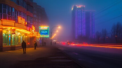 Medieval City Meets Modern Neon Lights in Fog
