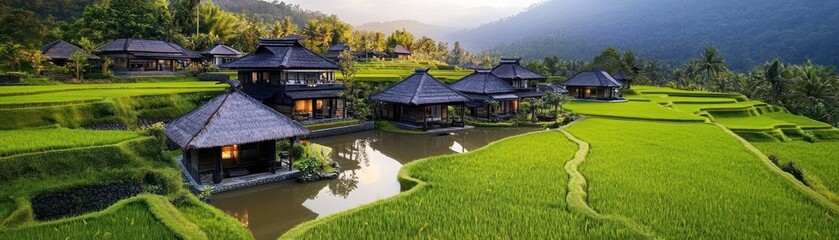 Fototapeta premium Serene landscape featuring traditional houses amidst lush rice terraces and a tranquil waterway.