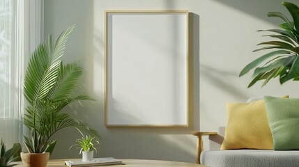 Minimalist living room with a blank white frame on a light gray wall, surrounded by potted plants and a cozy sofa.