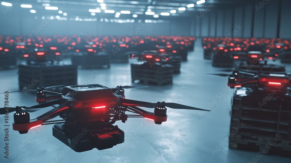 Poster a fleet of delivery drones in action inside a warehouse, highlighting the future of package delivery