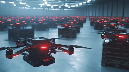 A fleet of delivery drones in action inside a warehouse, highlighting the future of package delivery systems with autonomous technology