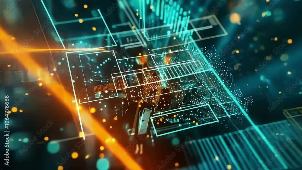 Aufkleber futuristic microchip transfers data through glowing signals on a motherboard, showcasing intricate c