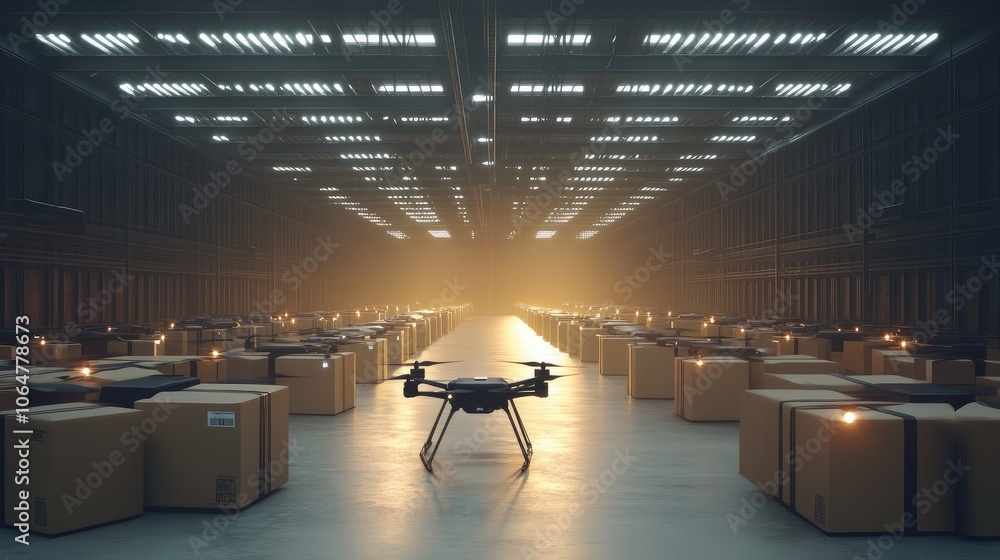 Poster a series of drones transporting packages in a large warehouse setting, showcasing the future of auto