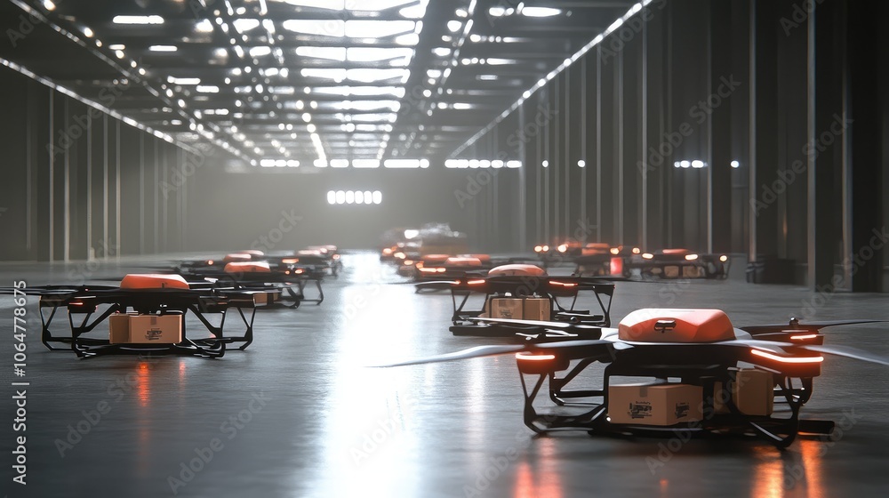 Poster a series of drones transporting packages in a large warehouse setting, showcasing the future of auto