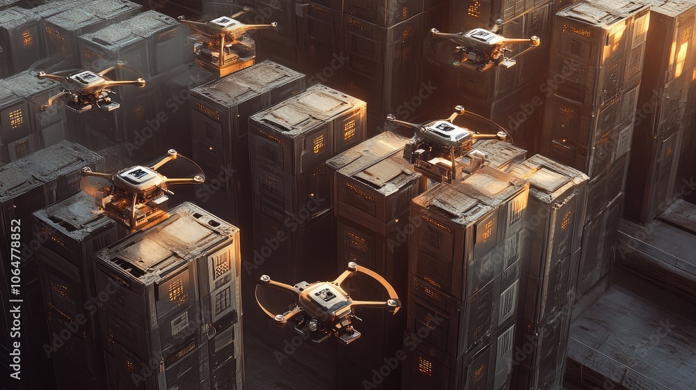 Poster aerial view of multiple drones delivering packages in a busy warehouse, highlighting the advancement