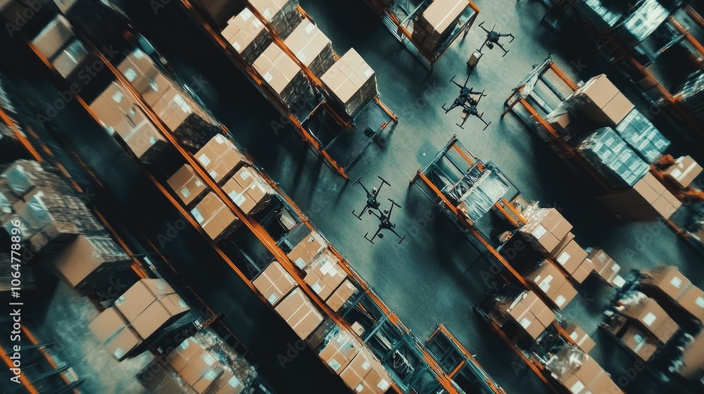 Poster aerial view of multiple drones delivering packages in a busy warehouse, highlighting the advancement
