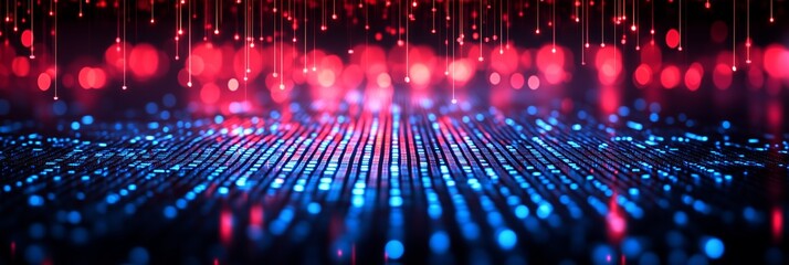 Abstract red and blue digital binary code 1 and 0 digital info tech science data background showing data processing and digital information. Generative AI