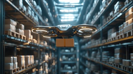 Fototapeta premium Autonomous delivery drone flying through a busy warehouse, brown package underneath, highlighting robotics in e-commerce fulfillment