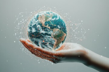 AI robot hand delicately holding digital Earth with network connections
