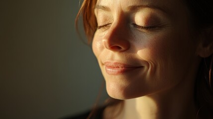 Contemplative Woman in Her 40s With Wistful Smile Remembering Past Memory in Peaceful Lighting