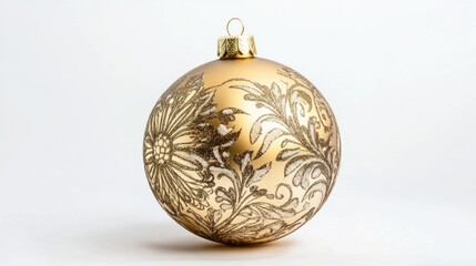 Golden Christmas ball with intricate floral patterns, creating an elegant holiday decoration on white