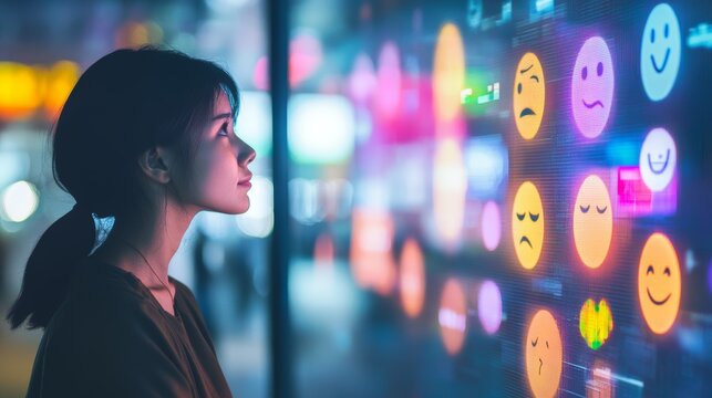 Person analyzing AI driven emotion recognition interface at night showcasing complex facial expression data