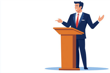 A business professional confidently speaks to an audience from behind a podium in a formal environment