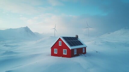 Red cabin with solar panels in snowy landscape with wind turbines and mountains under a winter blue sky