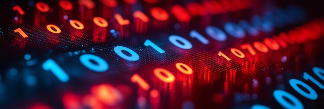 Abstract red and blue digital binary code 1 and 0 digital info tech science data background showing data processing and digital information. Generative AI