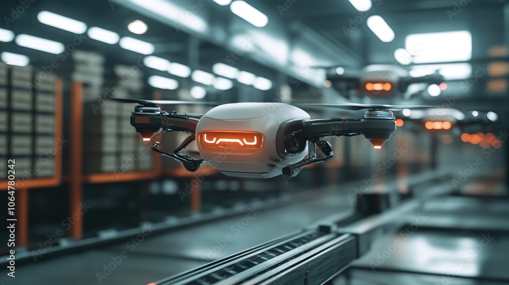Poster close-up of delivery drones in motion within a warehouse environment, emphasizing the role of roboti