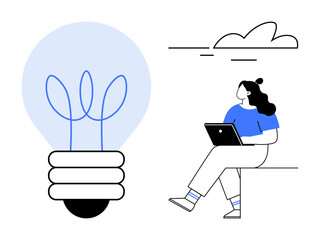 Woman sitting on edge with laptop, large light bulb symbolizing ideas, and overhead cloud. Ideal for innovation, technology, brainstorming, creativity, remote work, inspiration, minimalism. Line