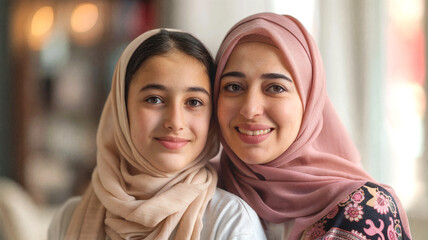Mother and daughter wearing hijabs, smiling warmly and standing close together indoors with a soft, blurred background
