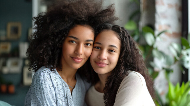 Two sisters or close friends with natural curly hair, smiling and leaning towards each other indoors, with a cozy, plant-filled background