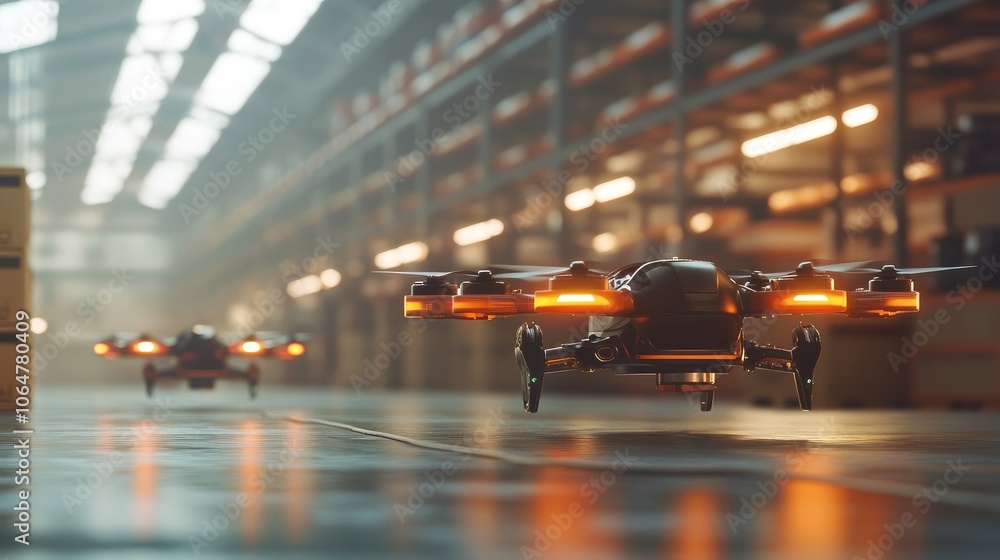 Poster close-up of delivery drones in motion within a warehouse environment, emphasizing the role of roboti