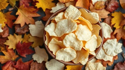 A bowl of white poplar salted chips surrounded by autumn leaves, cozy atmosphere, rustling leaves, autumn leaves