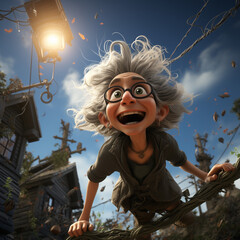 Obraz premium Energetic Cartoon Character with Grey Hair Joyfully Exploring Autumn Scene with Glowing Lantern