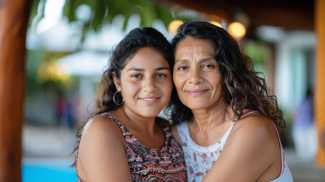 Mother and daughter standing closely together, smiling warmly, with a relaxed, outdoor background in soft natural light
