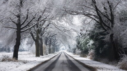 Obraz premium Snow fall on the road isolated background. Winter snowy flake snow falling on the road with trees. Snowflake winter season isolated road path way background