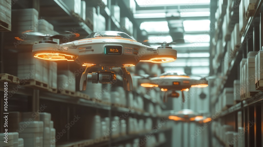 Poster delivery drones flying through an organized warehouse, demonstrating the integration of robotics in 