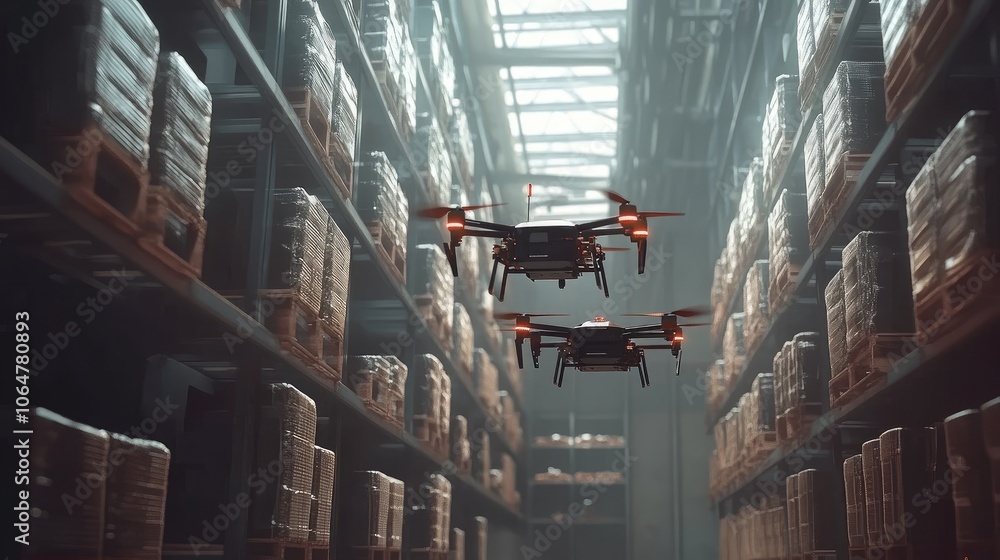 Poster delivery drones flying through an organized warehouse, demonstrating the integration of robotics in 