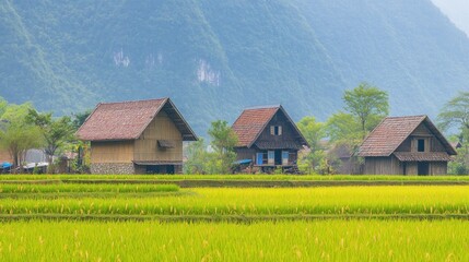 Obraz premium Tranquil rural landscape with wooden houses and lush rice fields against a mountainous backdrop.