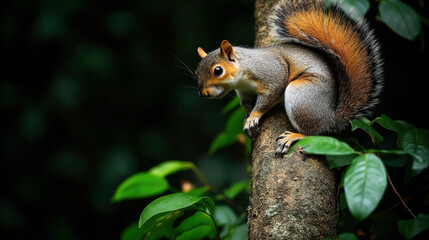 Obraz premium A squirrel standing on a tree branch surrounded by green leaves. The squirrel has a bushy tail and is attentively looking forward against a blurred forest background.