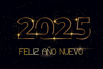 tarjeta o pancarta para desear un feliz año nuevo 2025 en oro con estrellas sobre fondo negro