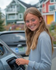Fototapeta premium Young woman smiling while charging electric car at residential area with colorful houses and greenery in the background