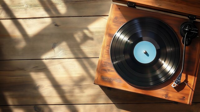 Vintage record player playing vinyl record on wooden table in sunlight