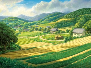 Fototapeta premium A serene rural landscape with fields, mountains, and houses under a bright sky.