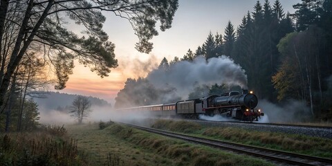 A steam train rumbles through the forest during a foggy evening with mist swirling around its wheels and trees in the background, woodland, fog, trees