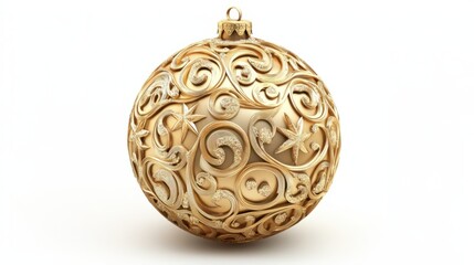 Matte gold Christmas ball with intricate swirls and stars, isolated on white for a refined look
