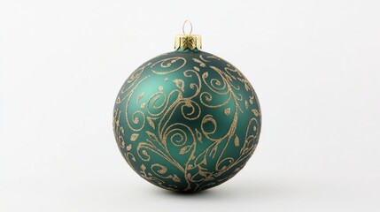 Matte green Christmas ball with subtle golden designs, creating a classic look on a white background