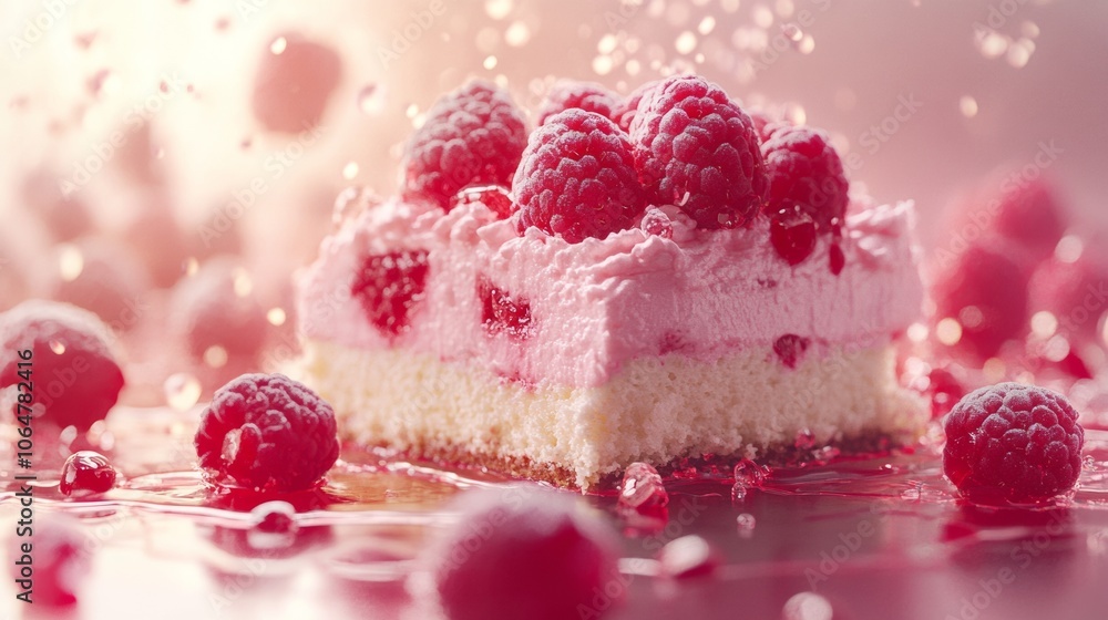 Poster a mouthwatering raspberry dessert features layers of fluffy cream and a soft sponge base, garnished 