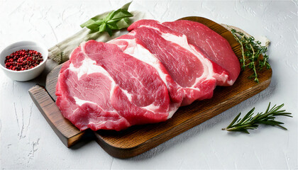 Fresh raw pork neck meat, on white stone table background