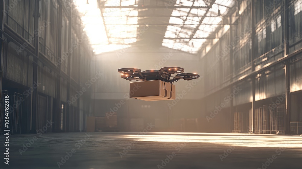 Poster high-tech delivery drone hovering in a large warehouse, transporting a brown package, representing a