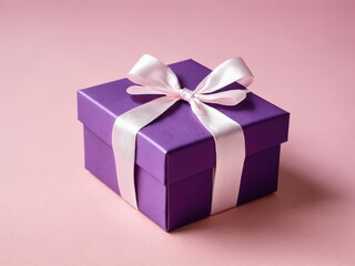Obraz premium Purple gift box with pink ribbon on pink background