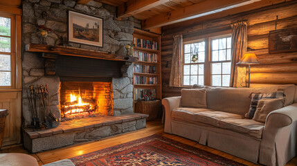 A cozy cottage with a stone fireplace, providing warmth and comfort for Thanksgiving celebrations.